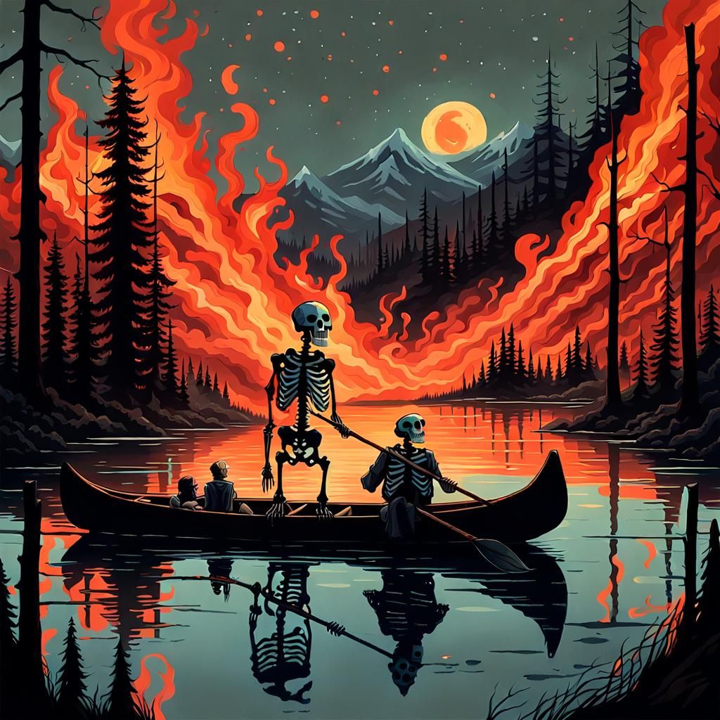 Two skeletons fishing on a canoe