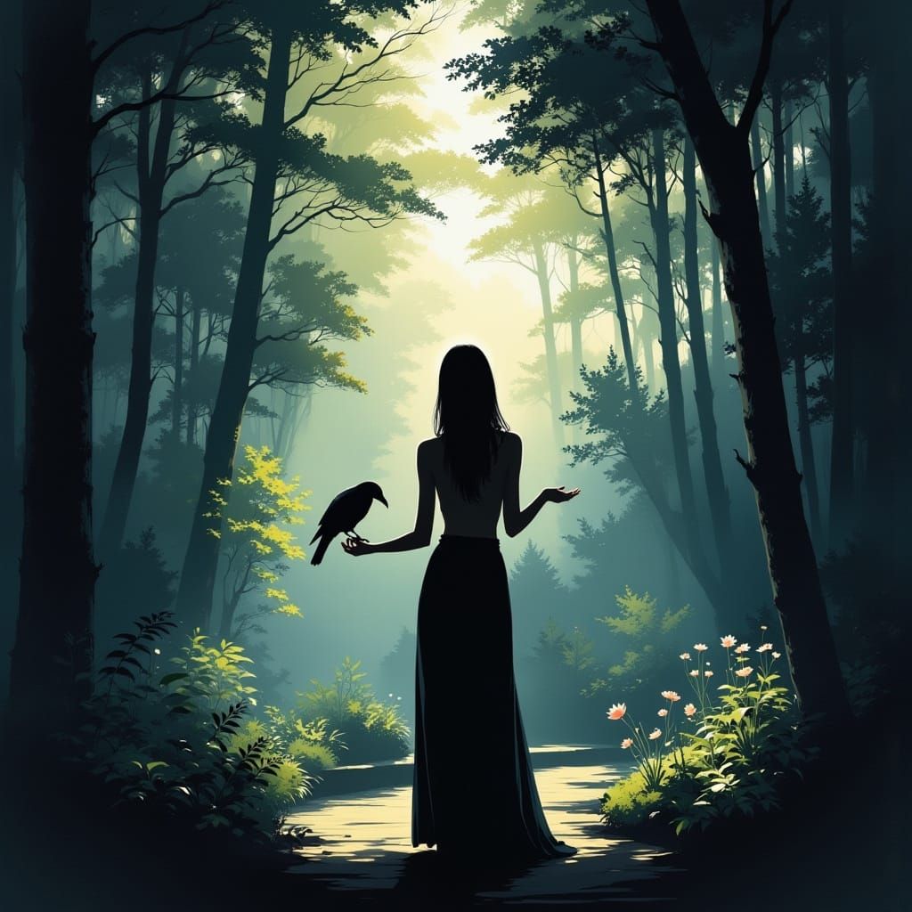Mysterious Lady with Raven in Sunlit Forest