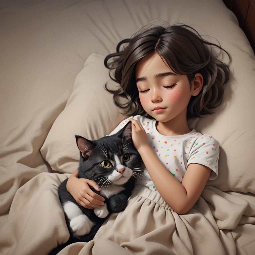 Girl and Cat Sleeping: Pixar Style 3D Art