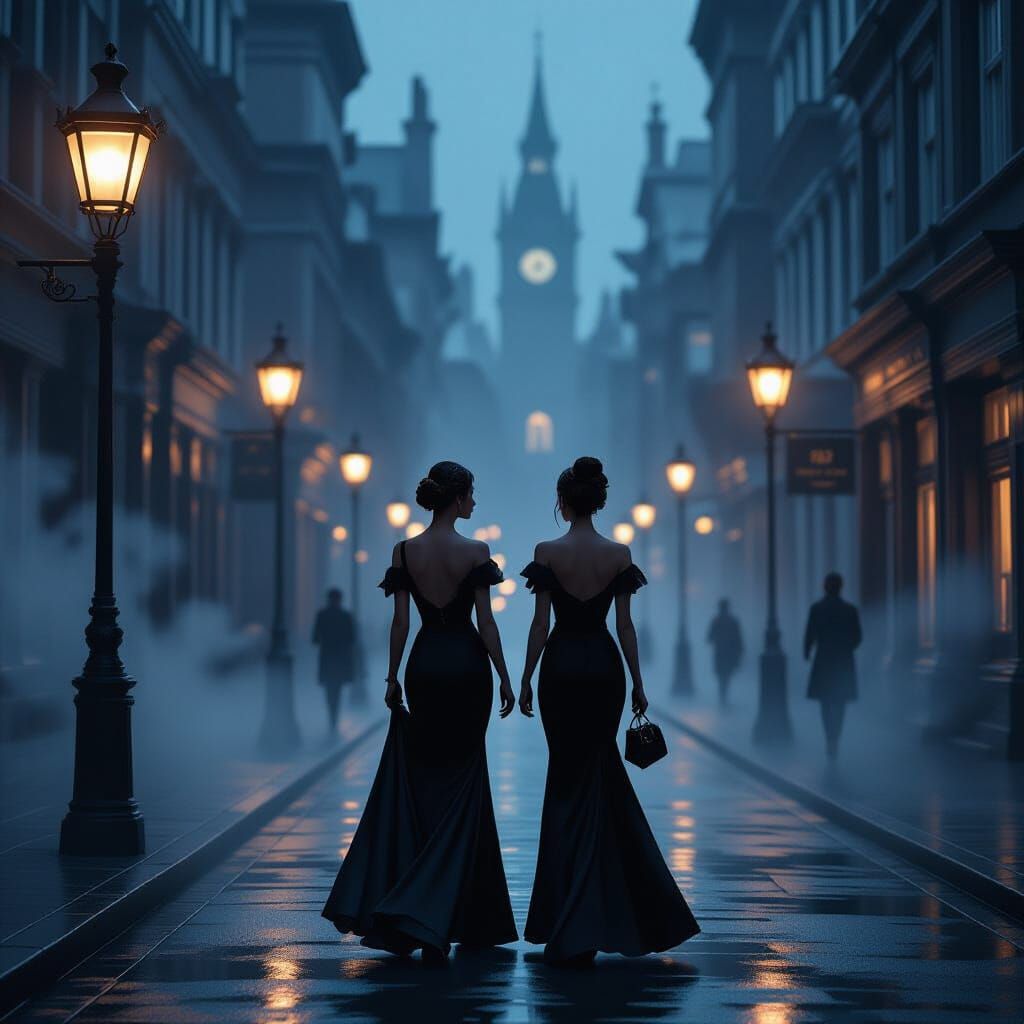 Elegant Women in Misty Victorian City Street