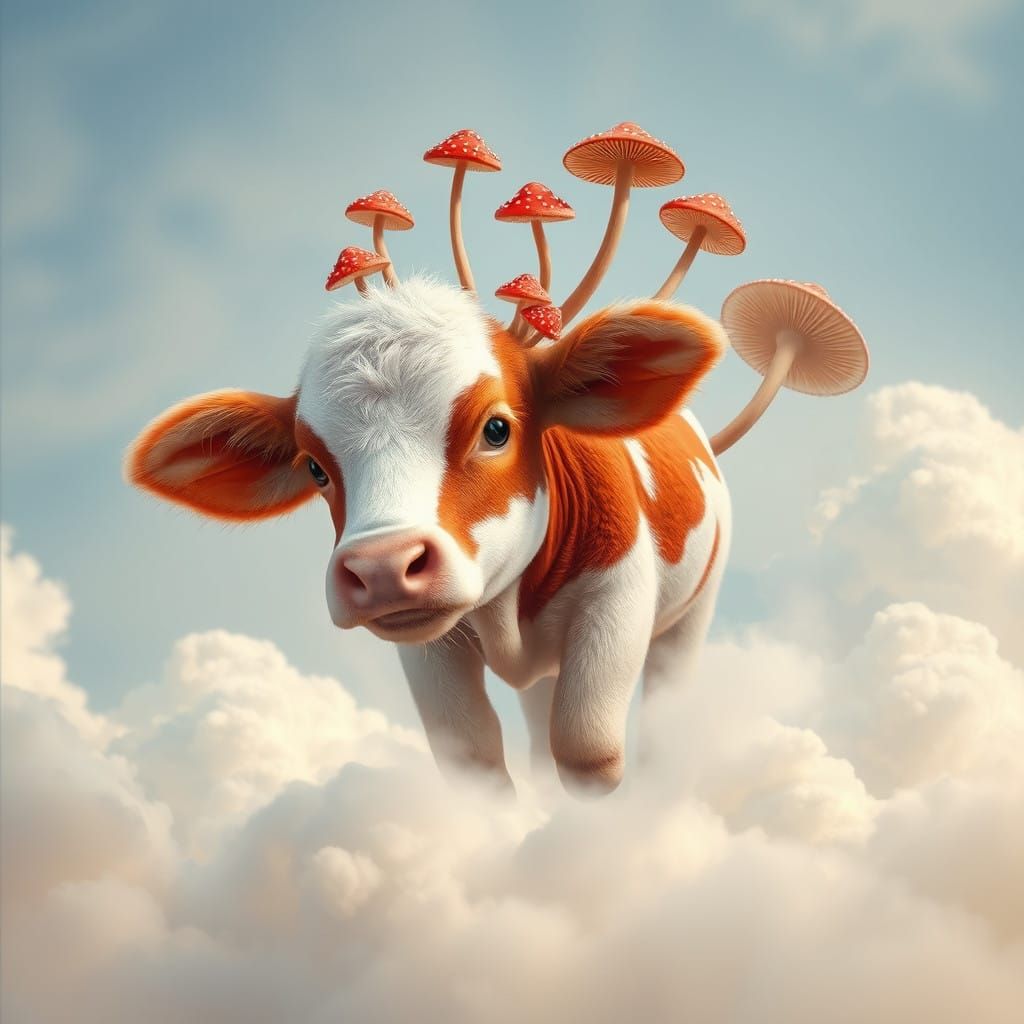 Whimsical Red and White Cow Amidst Fantastical Clouds