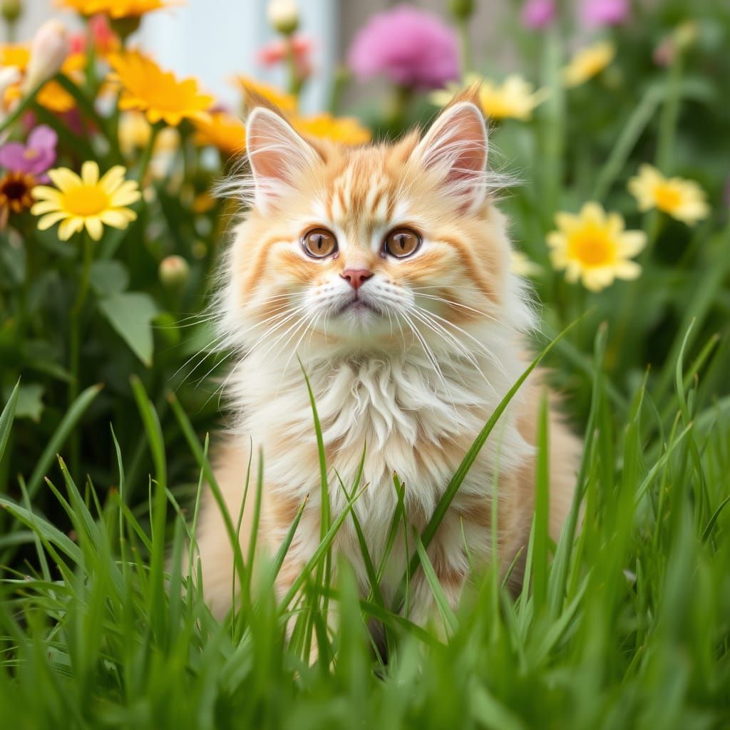 Whimsical Cat in Vibrant Garden Scene