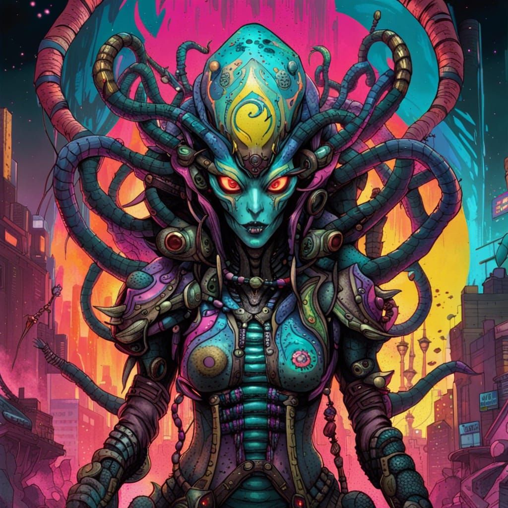 Alien Hive Queen in Dark Sci-Fi Style