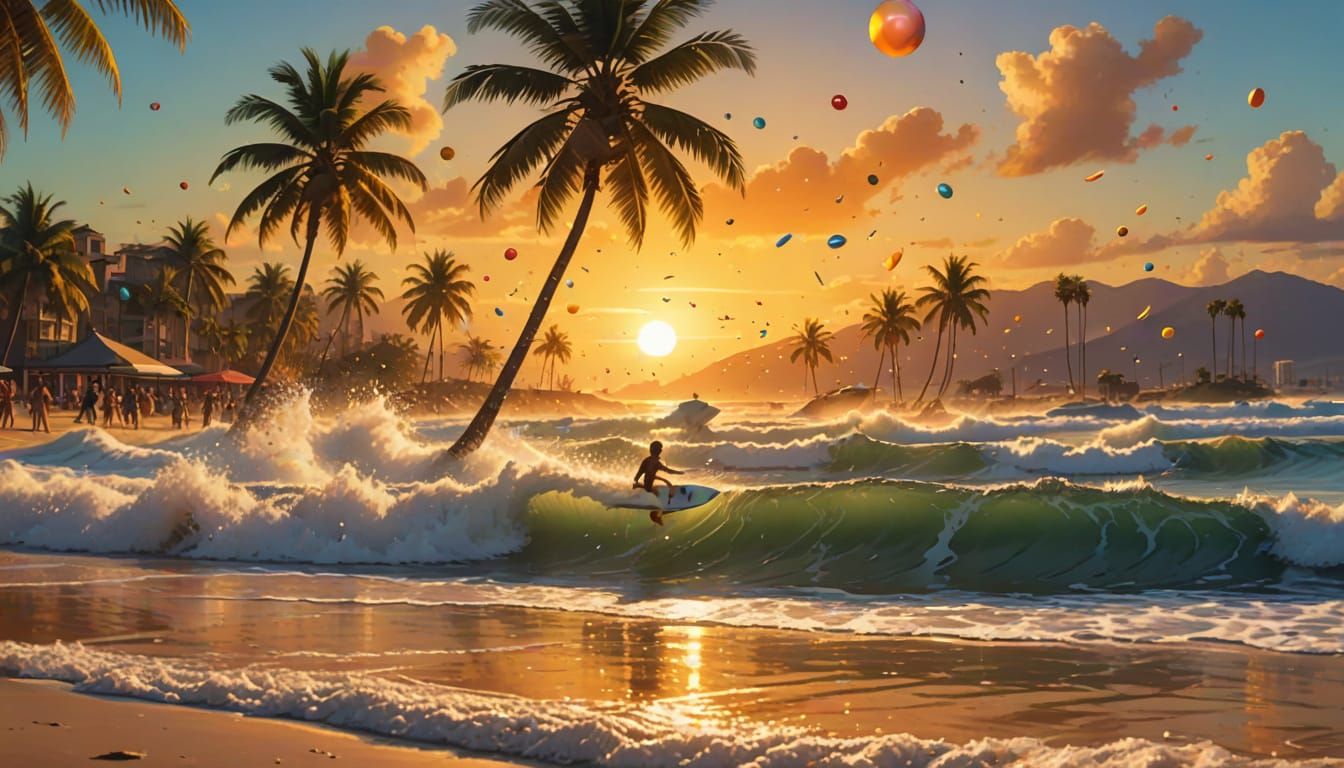 Surfing Beach Scene in Splash Art Style