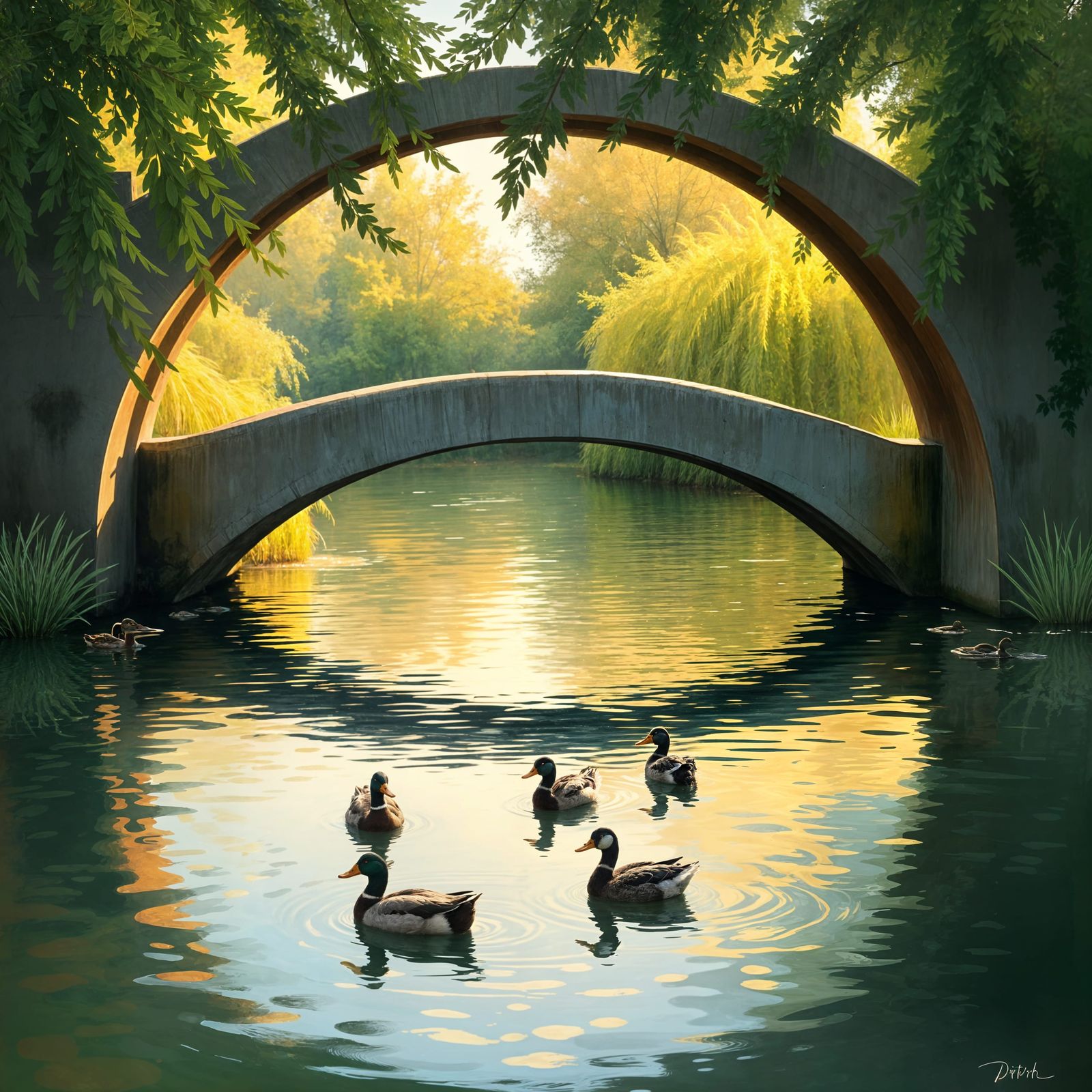 Serenely Lit Arc Bridge Reflects in Gentle Water, Ducks Swim...