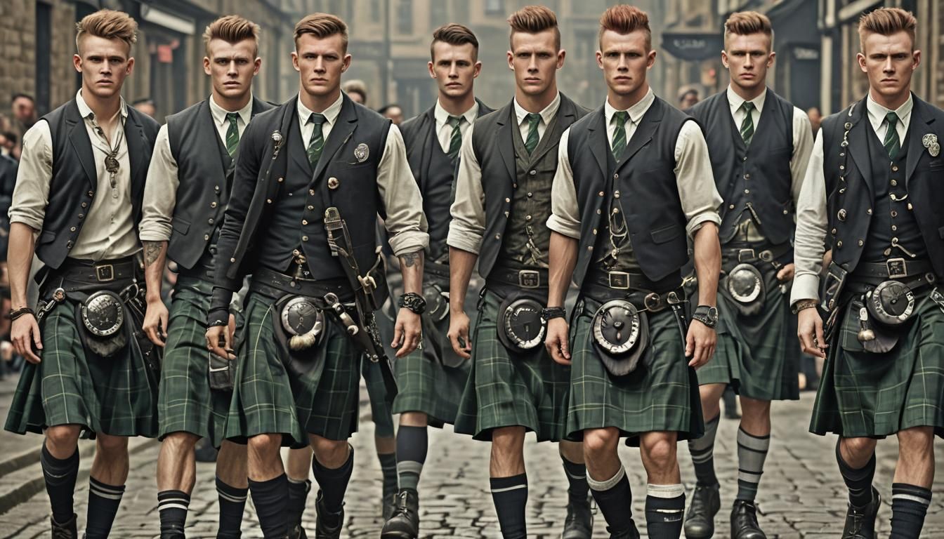 Celtic Punk Fashion with Kilts: Photorealistic Style