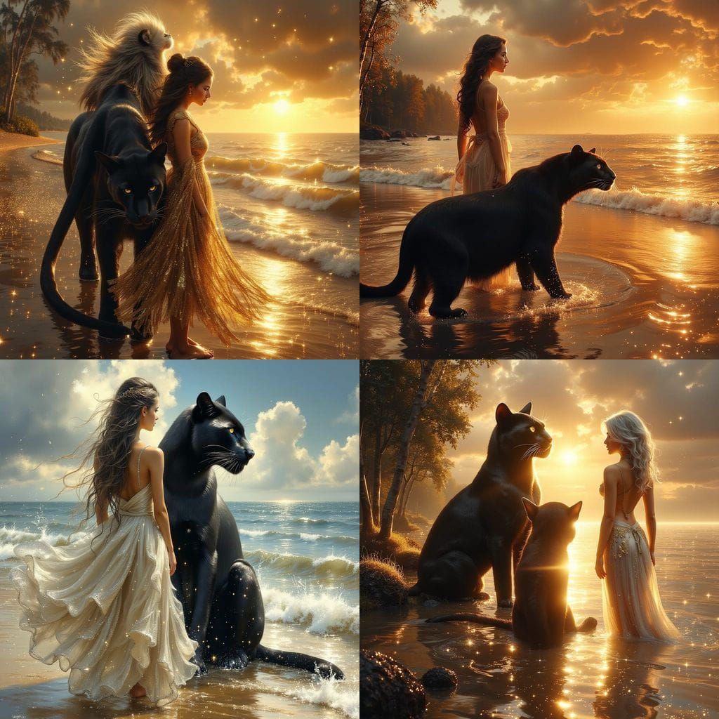 Woman and Panther on Beach Welcoming Fortune