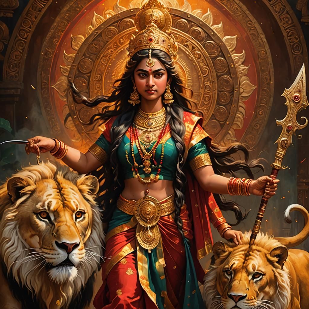 Maa Durga in Traditional Indian Art Style