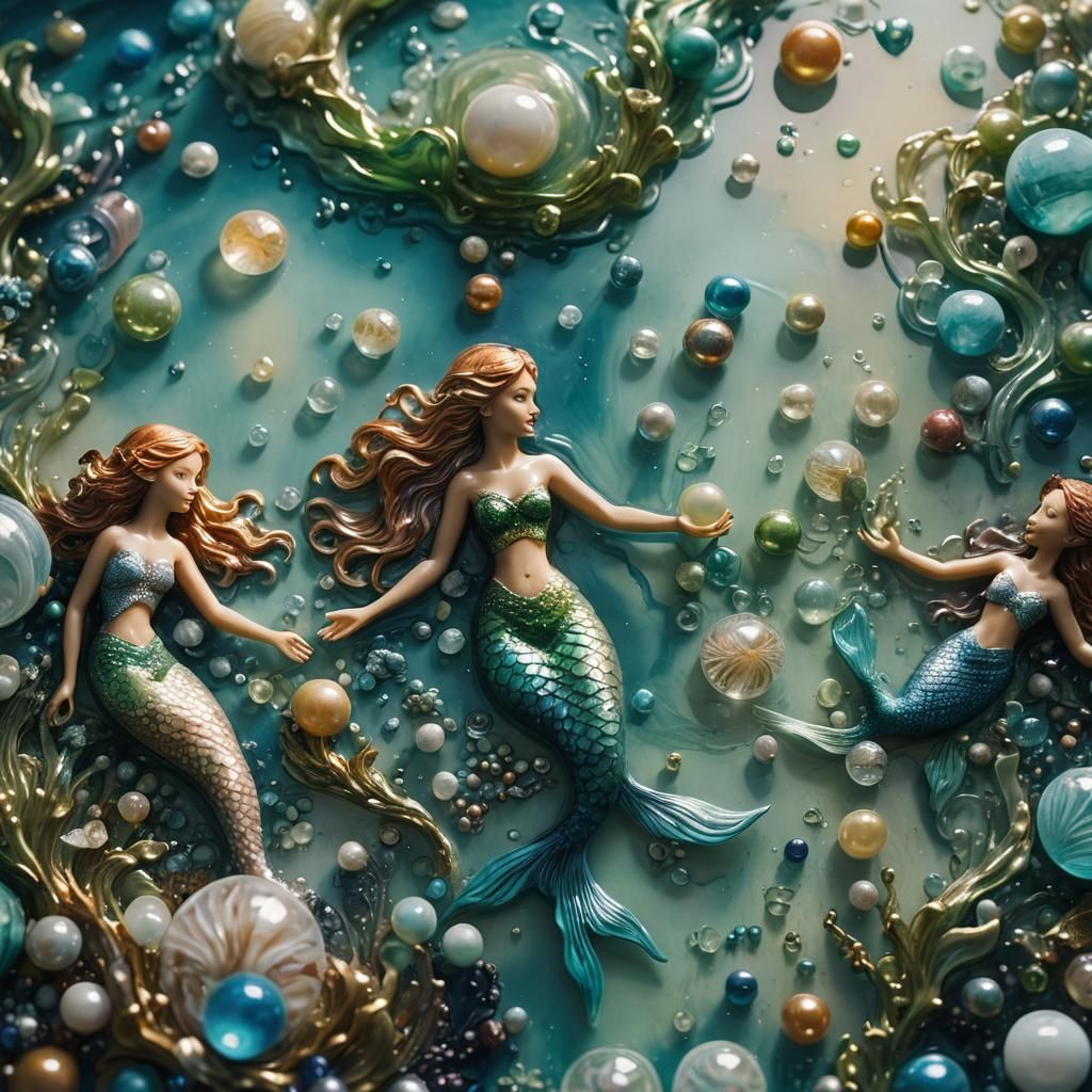 Mermaids with Wax Art and Marbles in Water