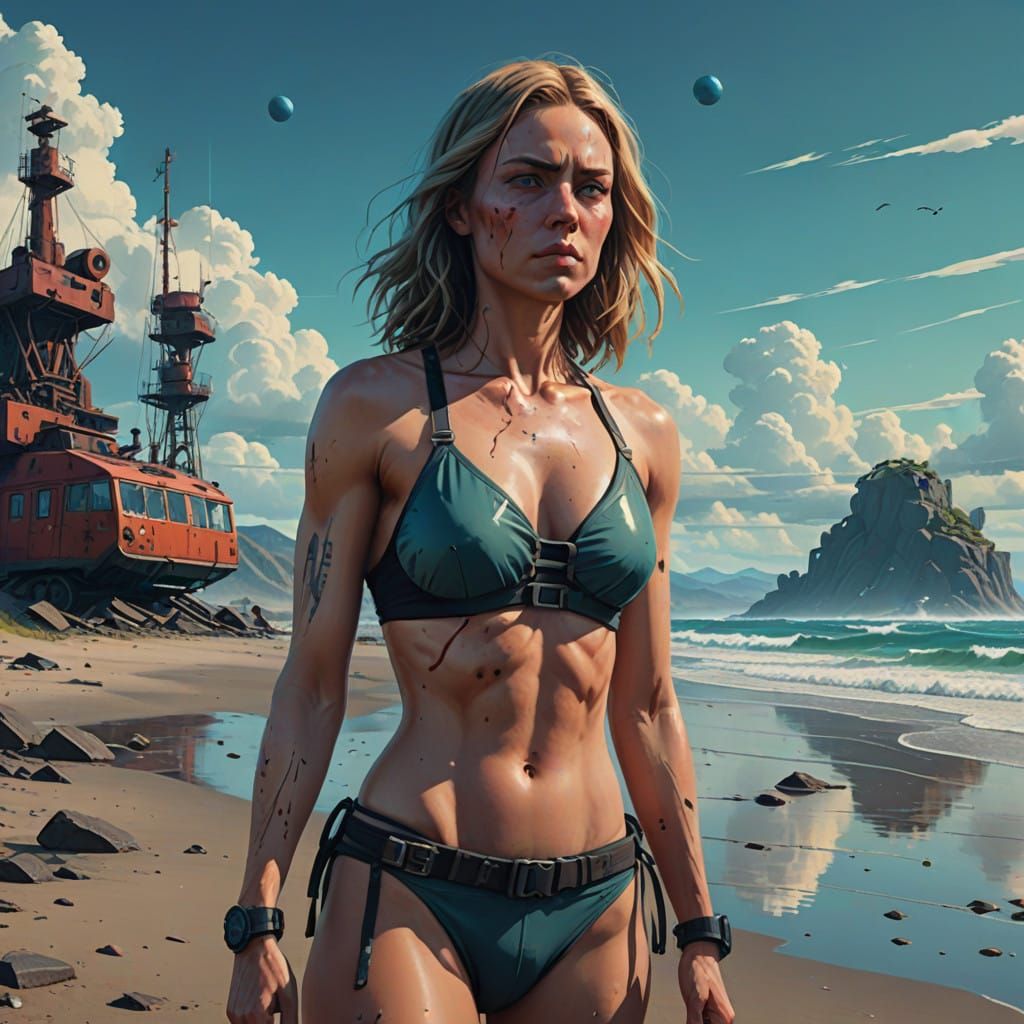 Confident Athletic Beauty on a Futuristic Beach