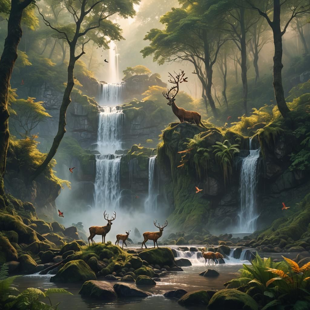 Misty Forest Waterfall with Deer in Digital Art