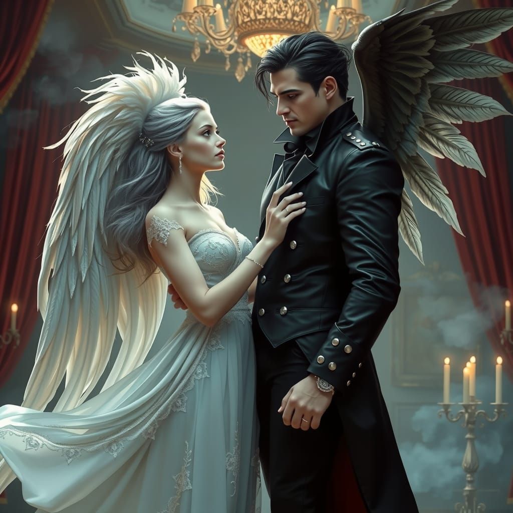Gothic Angel and Vampire in Romantic Ballroom Scene