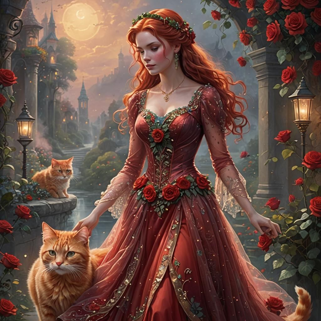 Red-Haired Lady with Roses and Cat in Ethereal Style
