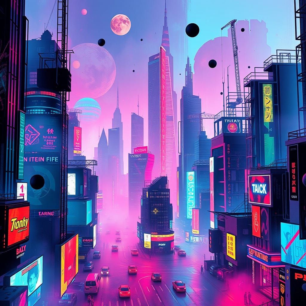Dystopian Dreamscape in Neon Cyberpunk Style