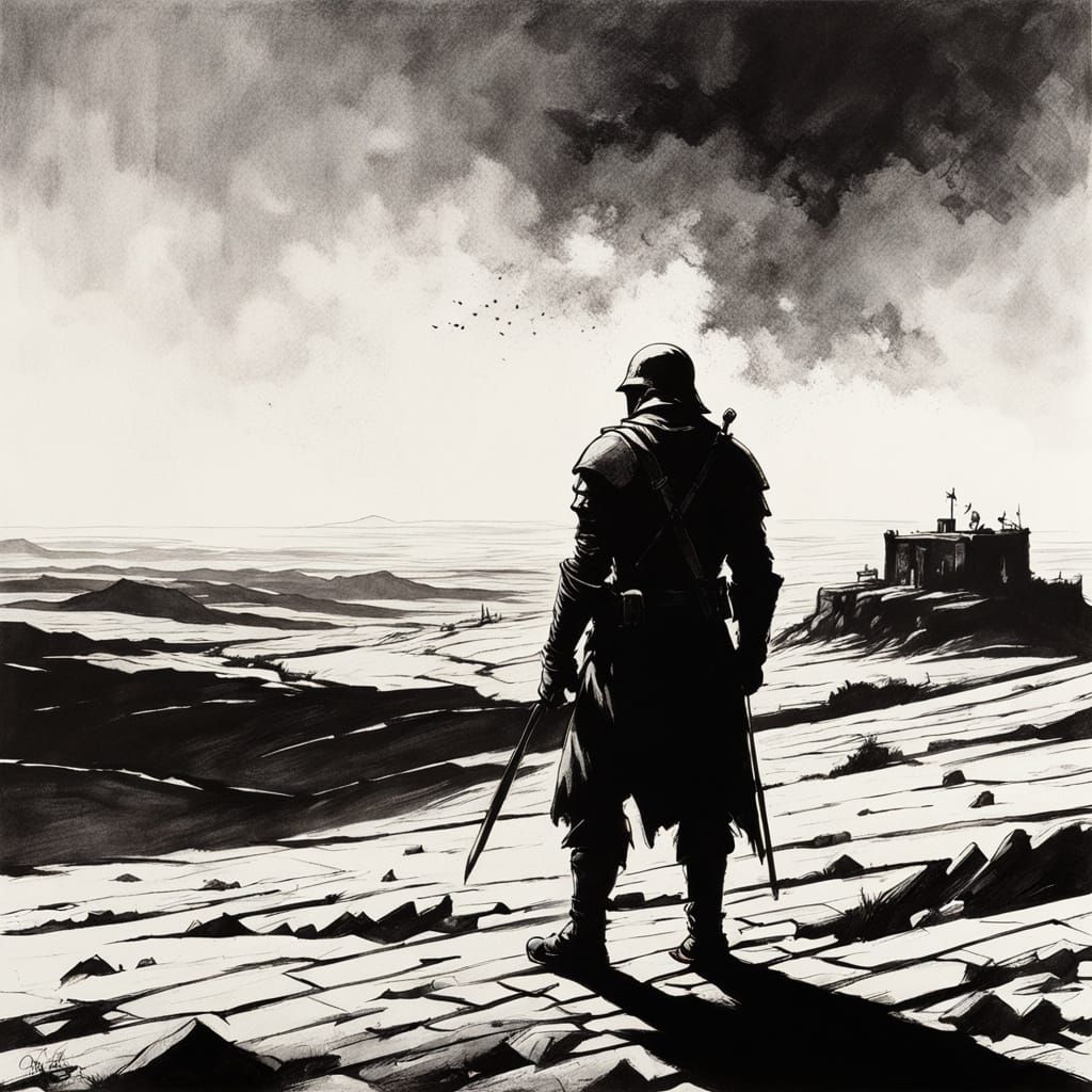 Lonely Crusader Soldier in a Desolate Trench Landscape