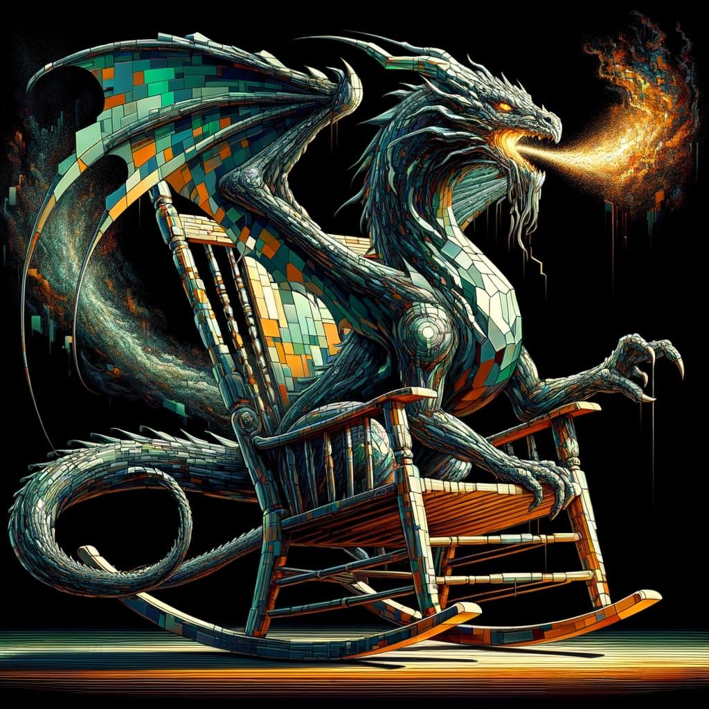Obsidian Dragon in Glitchy Chair, Art Nouveau Style