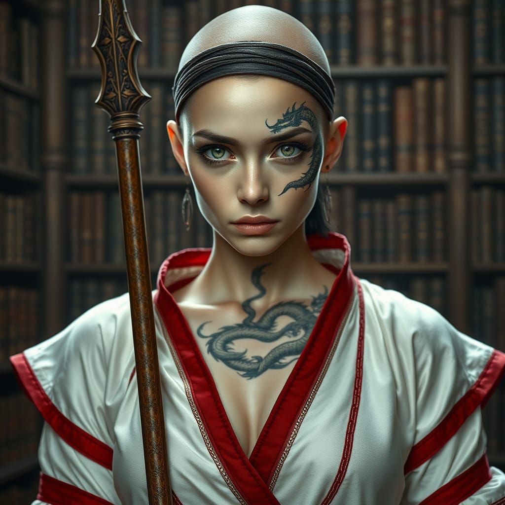 Dragon Tattooed Woman in Medieval Library