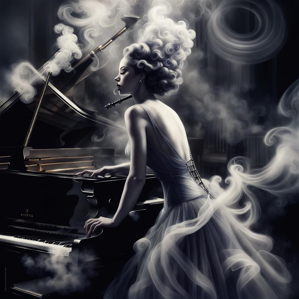 16k resolution, monochrome scene, jazz club from the 1920s, spotlight on a singer and musicians made entirely of swirlin...