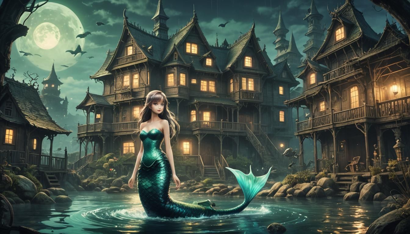 Mermaid at Haunted House in Anime Style