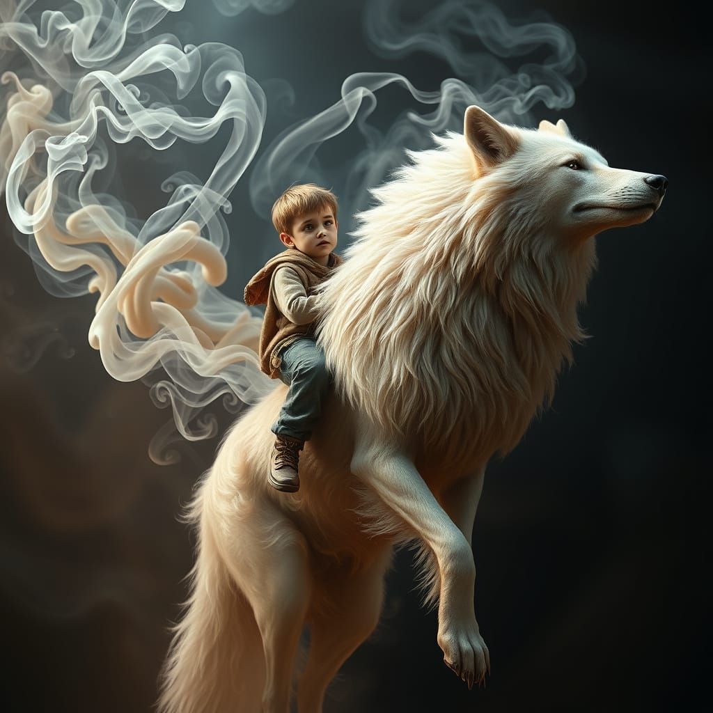Young Boy Rides Majestic Smoke Wolf in Surreal, Hyper-Realis...