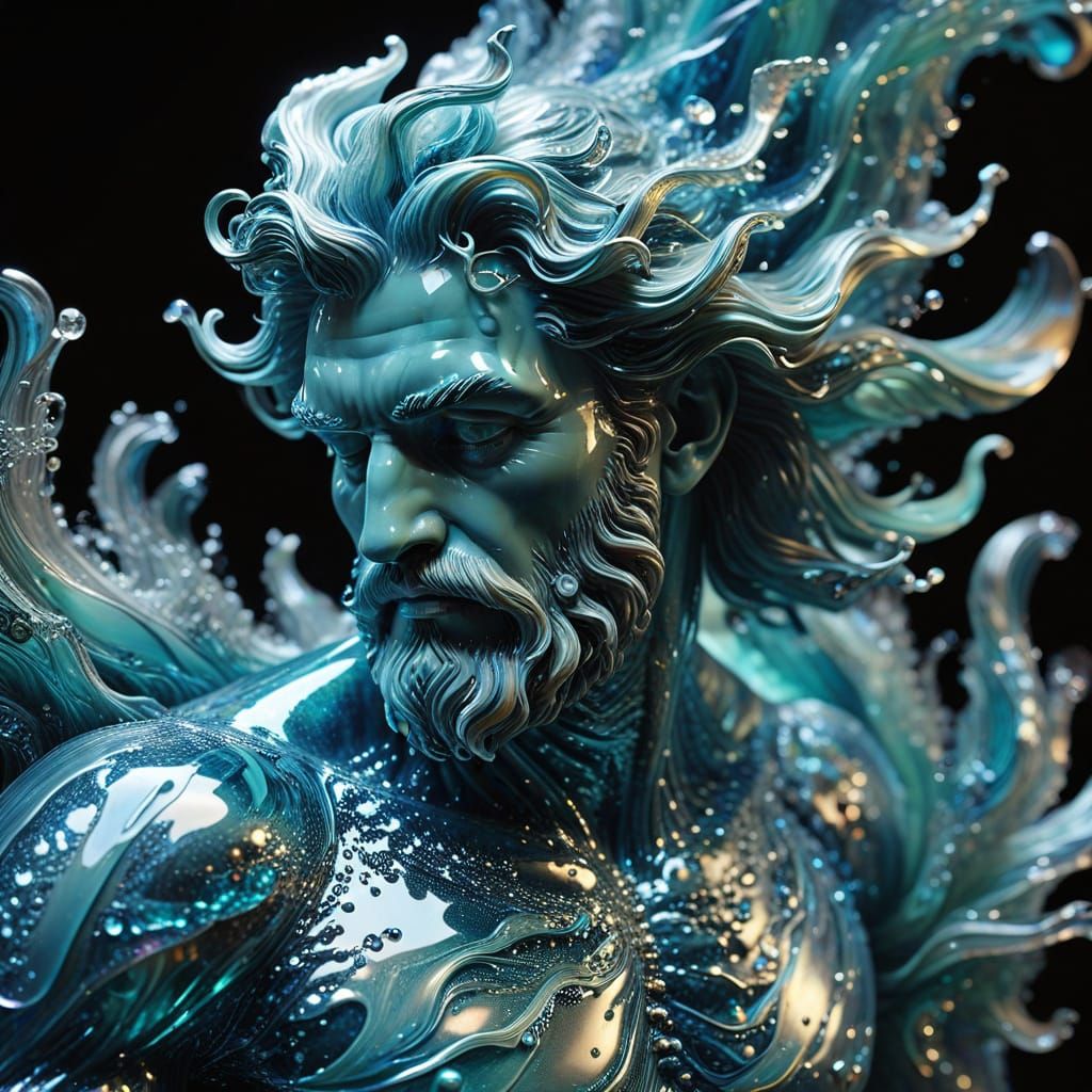 Ethereal Glass Sculpture of Poseidon in Abstract Expressioni...