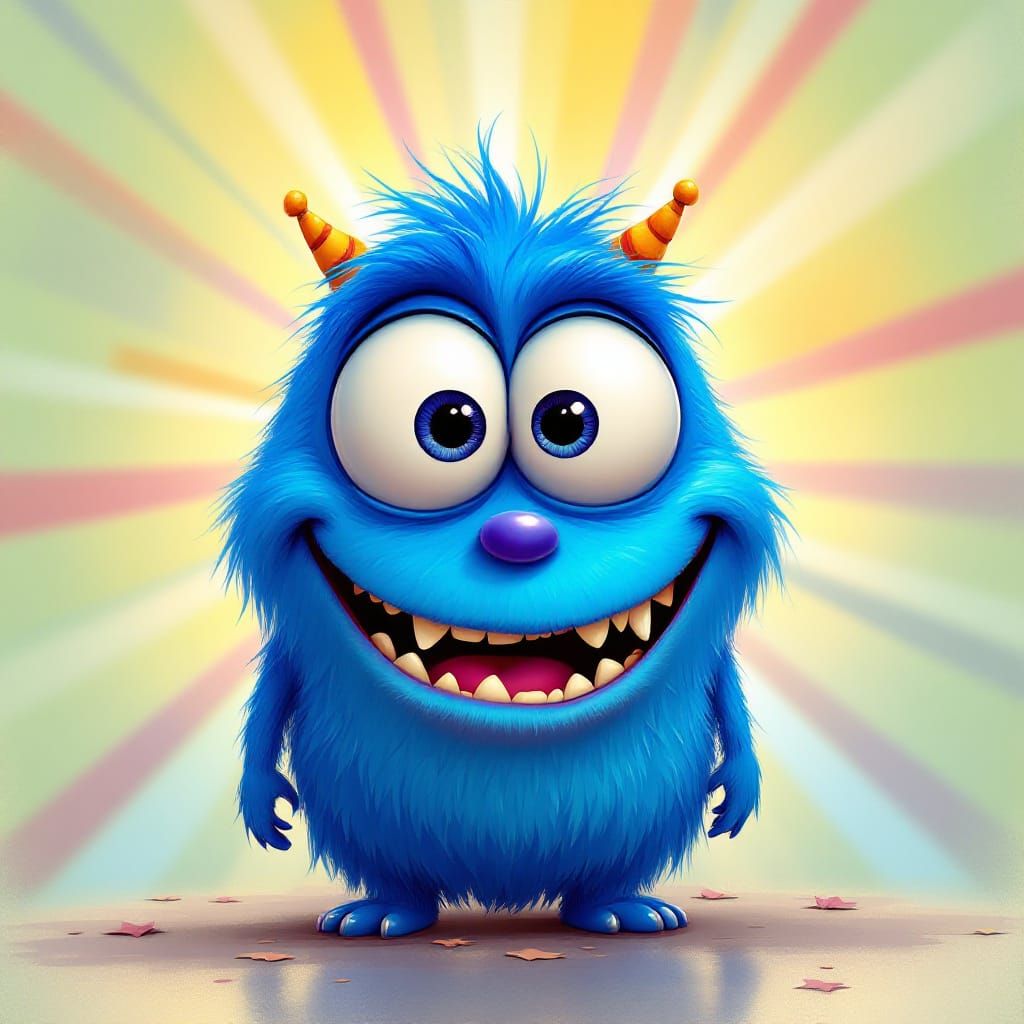 Friendly Blue Monster with Antennae in Oil Cartoon Style
