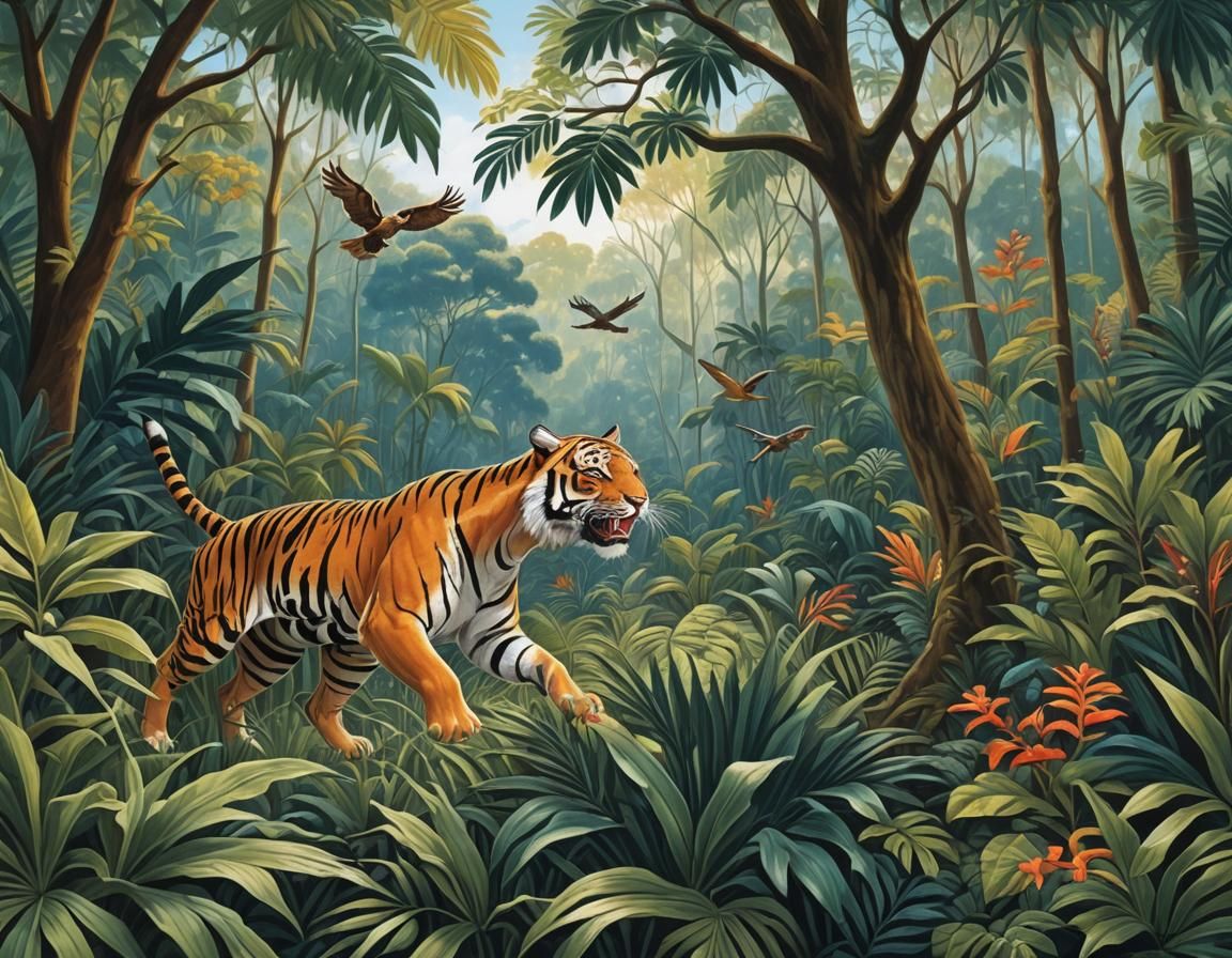 Tiger Chase in Tropical Forest, Rousseau Style