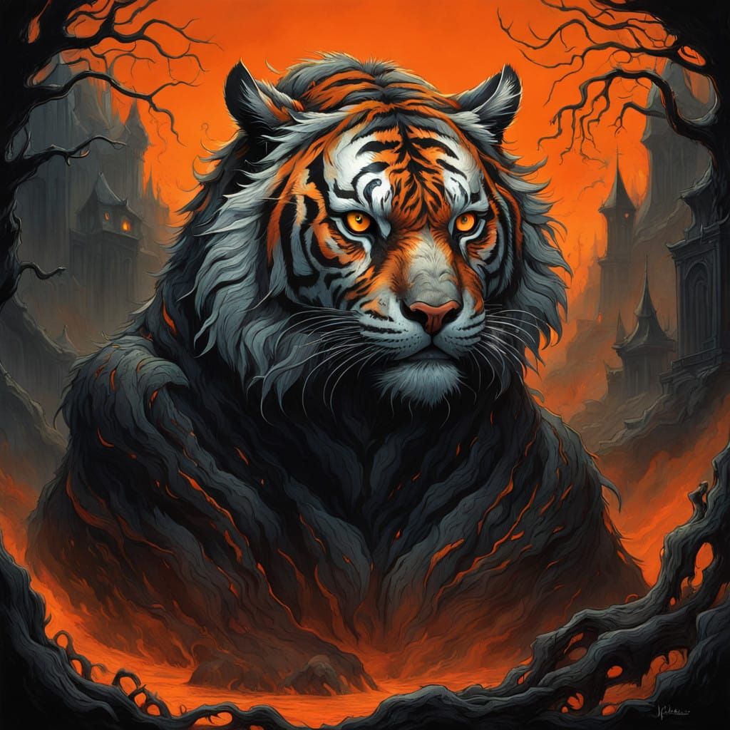 Dark Fantasy Tiger-Sloth Hybrid in Eerie Gothic Horror Style