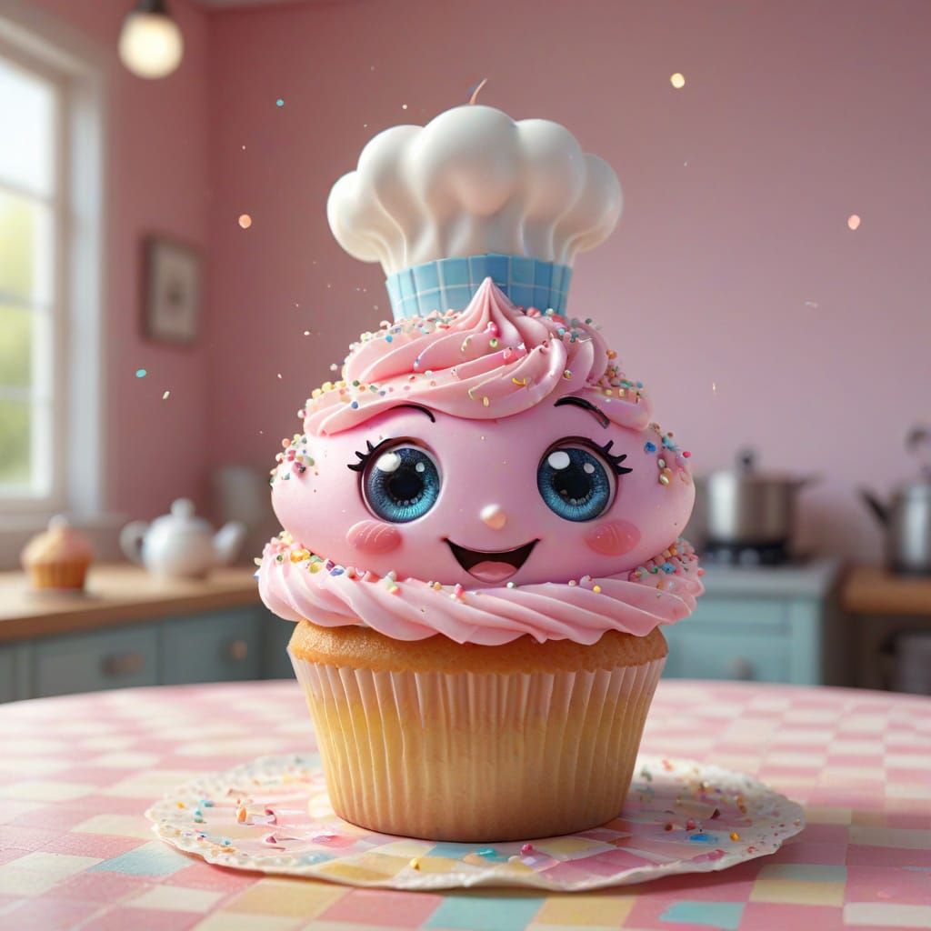 Adorable Kawaii Cupcake with Chef Hat