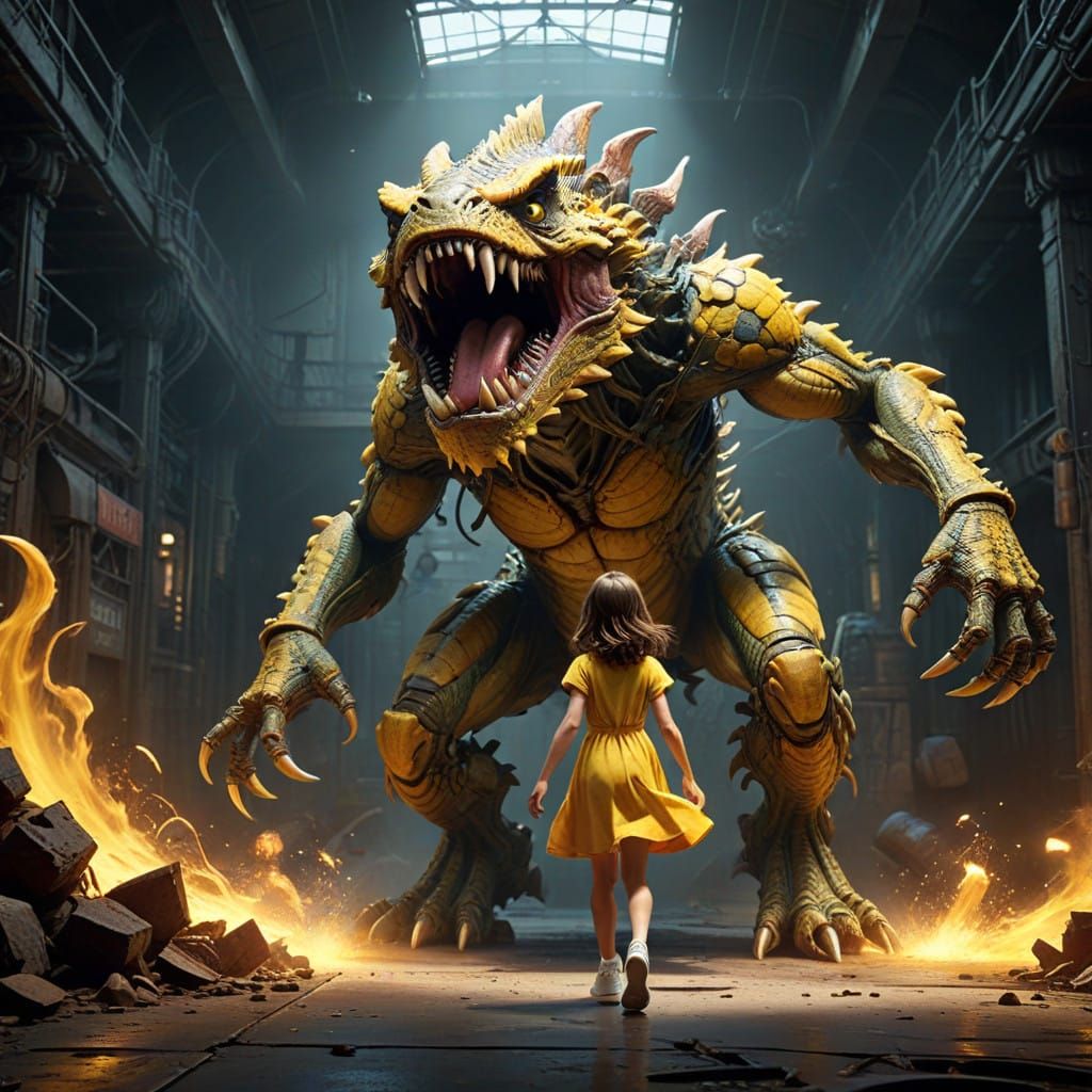 Fearsome Monster Attacks Young Girl in Vibrant Digital Art