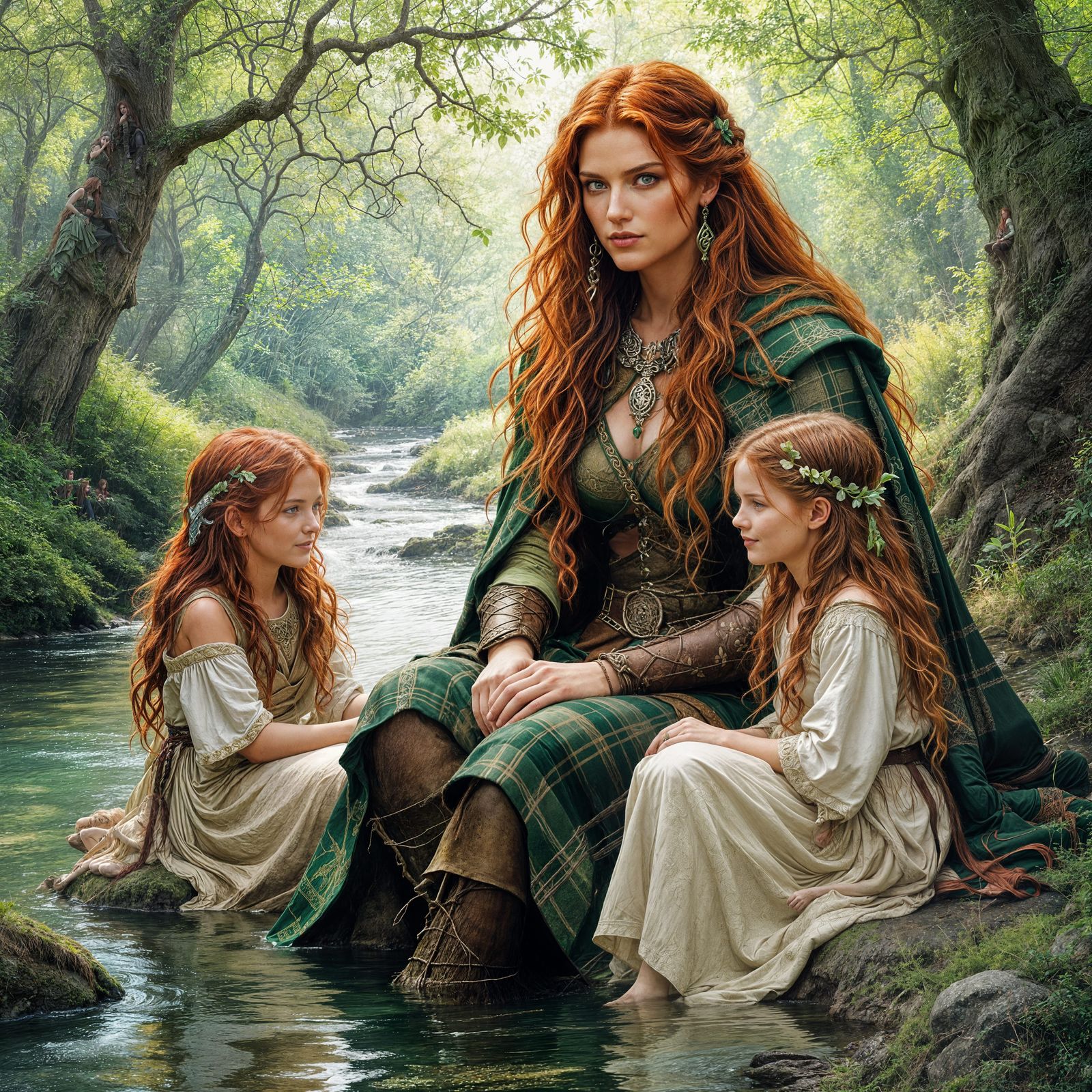 Celtic Queen and Daughters in Ancient Forest