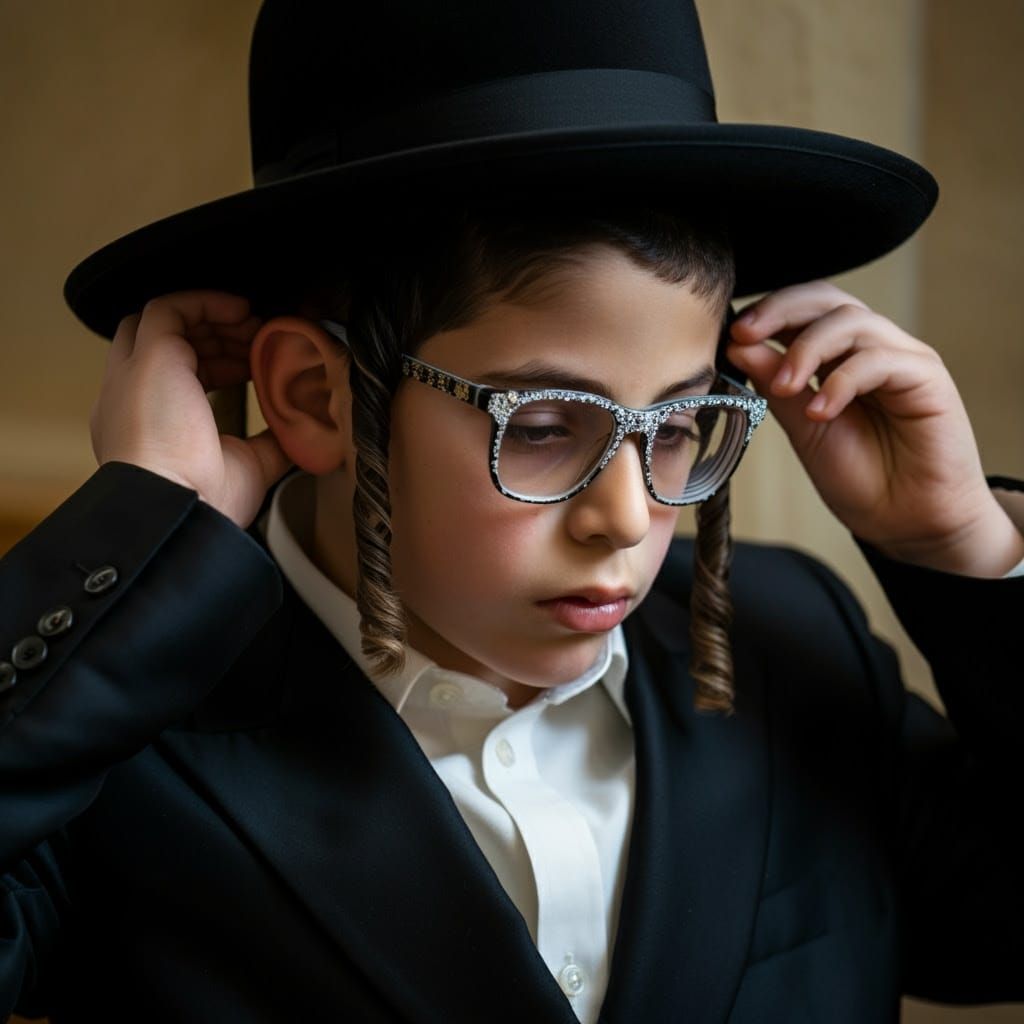 Young Boy in Ultra-Orthodox Attire, Focusing on Tefillin Rit...