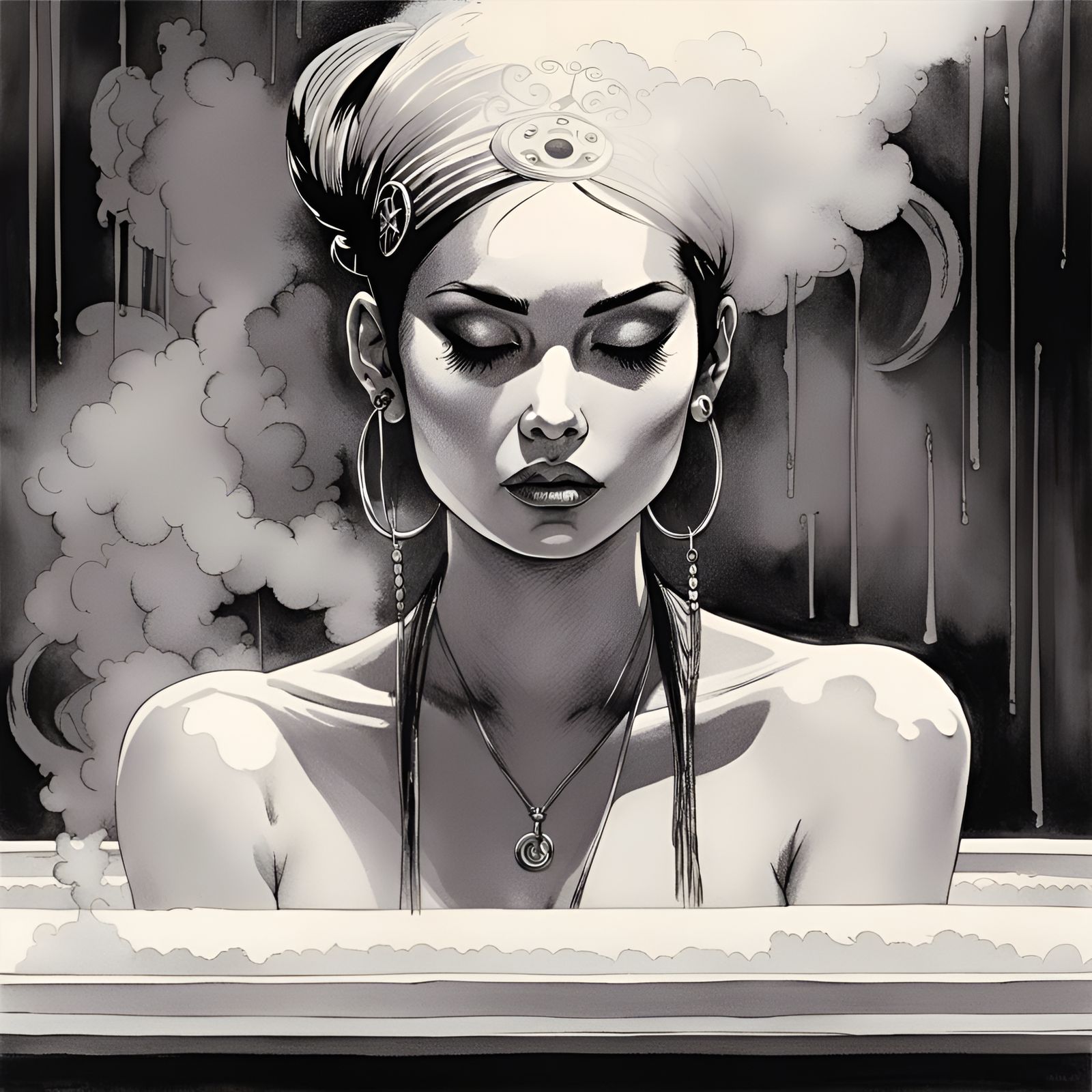 Gothic Teen in Steambath: Sumi Ink Painting