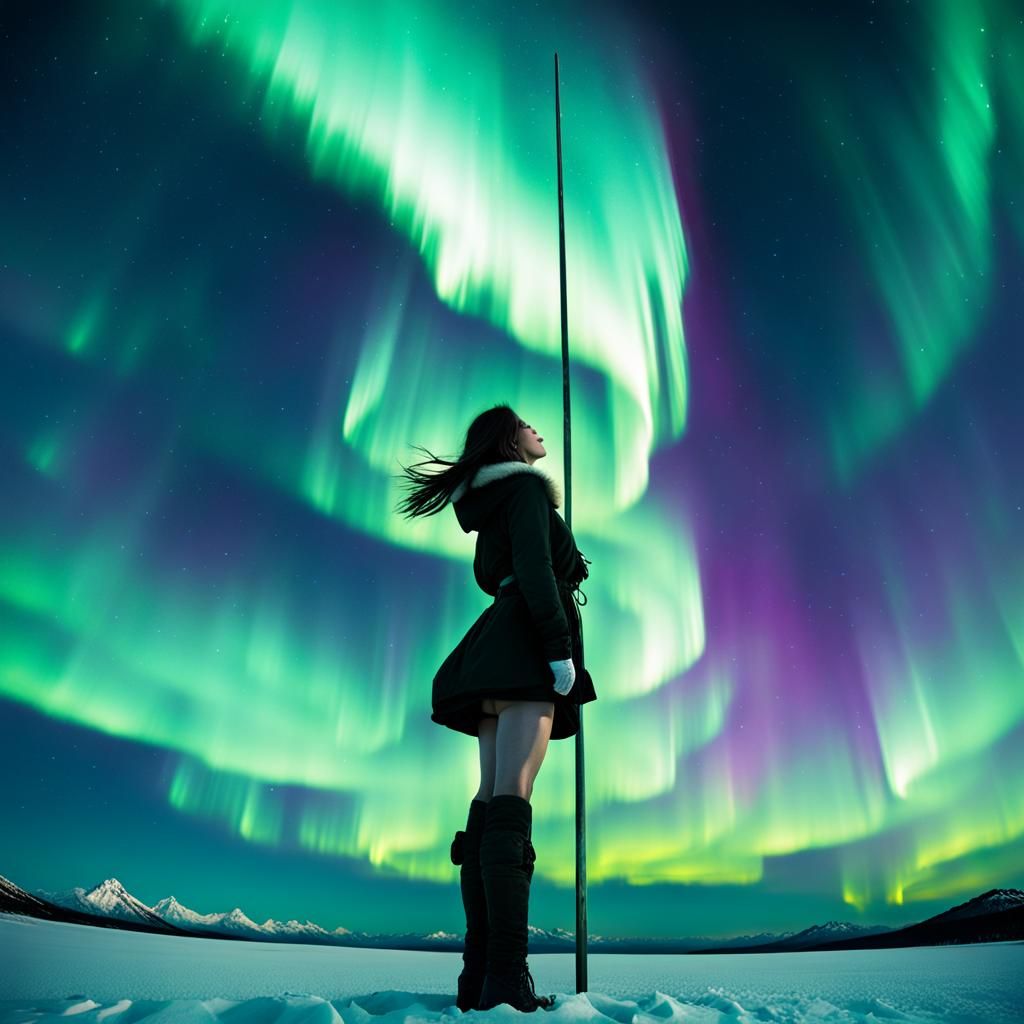 Girl Watching Aurora Borealis at South Pole