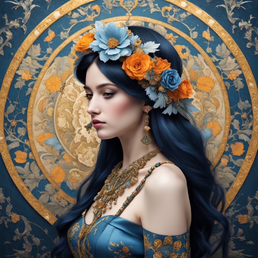 Floral Woman in Patchwork Aubrey Beardsley Style