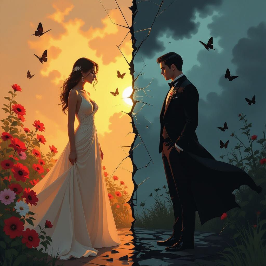 Love and Hate Dichotomy: Elegant Woman vs Dark Figure