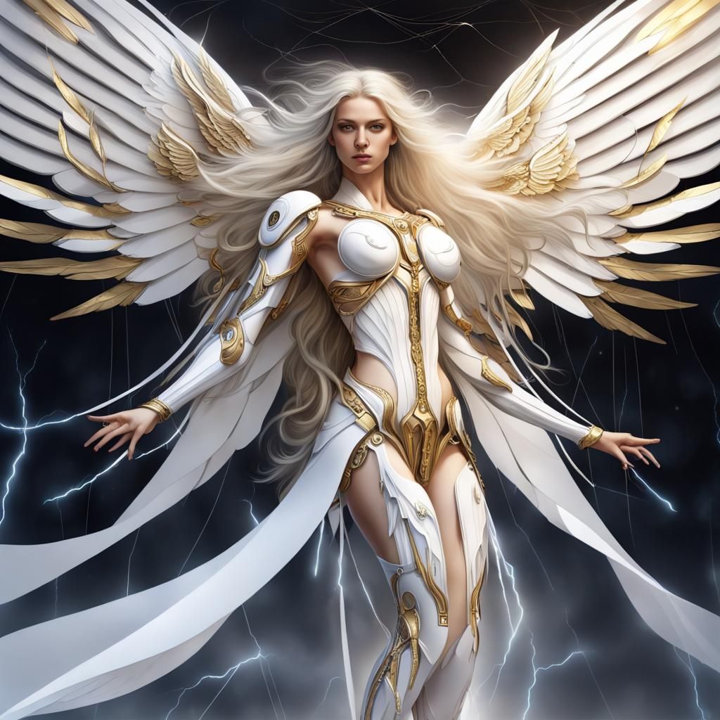 Biomechanical Angel with White Wings and Lightning
