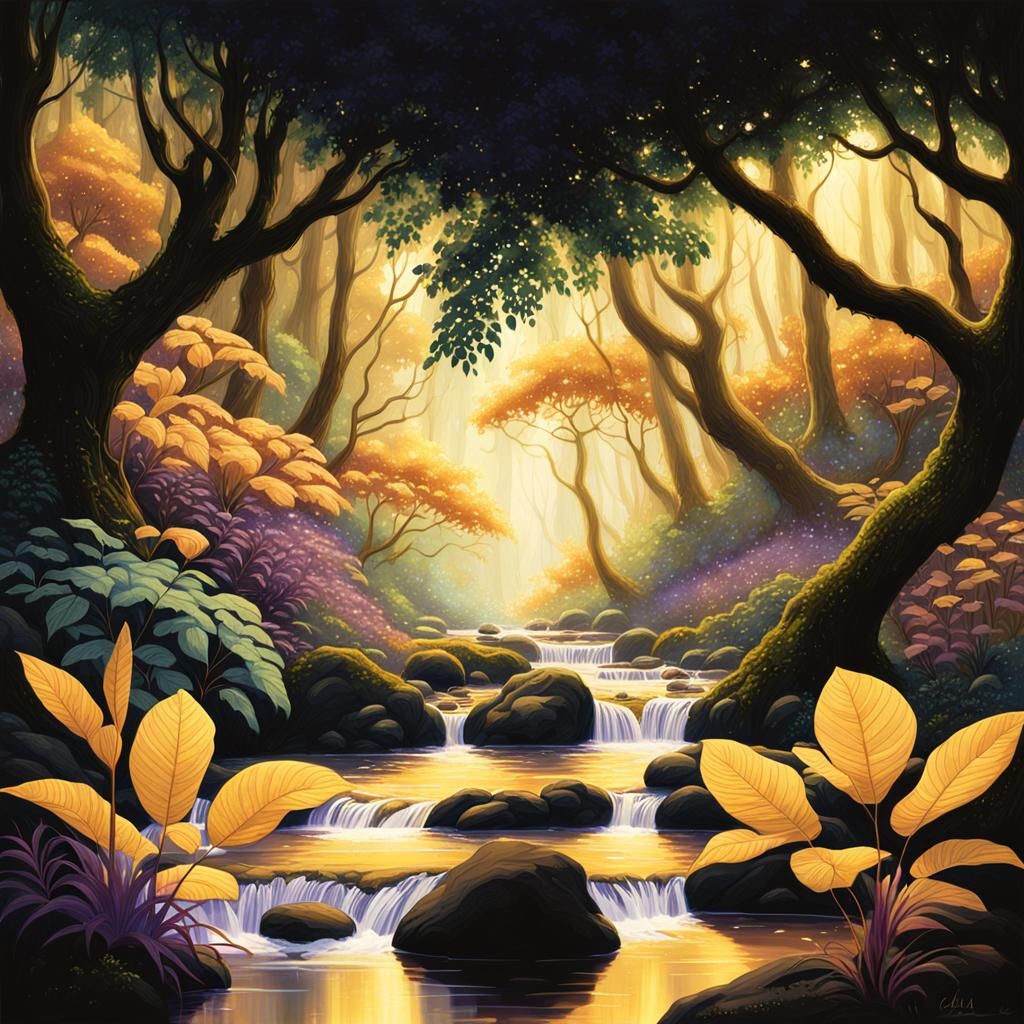 Lush River Flows Through Mystical Forest