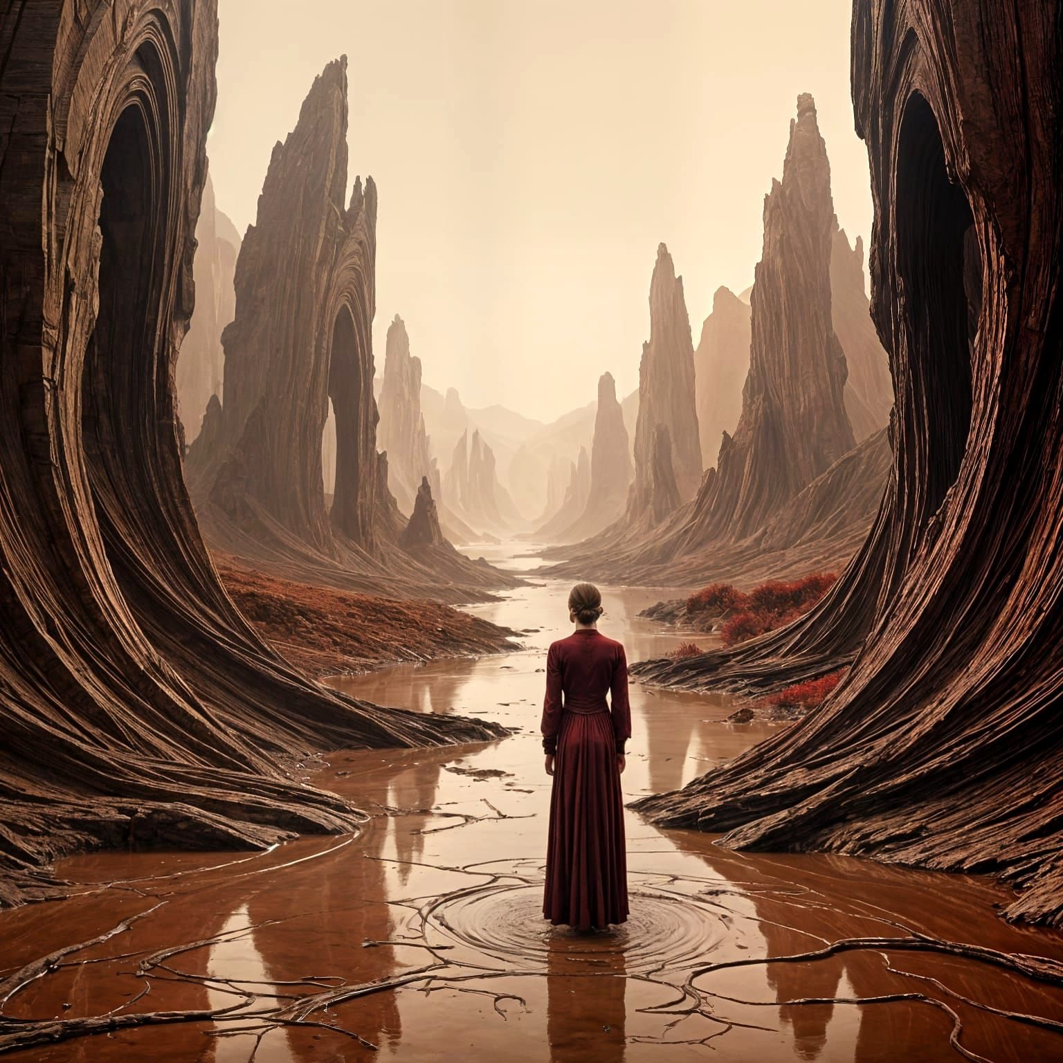 A surreal artwork in a deep, burgundy crimson and pale, antique gold