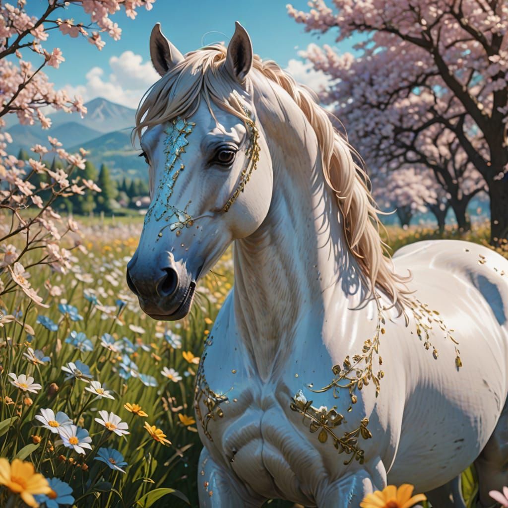 Horse in Flower Field: 3D Anime Close-Up