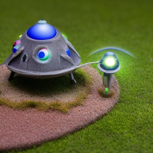 Miniature UFO Spaceship in Meadow Macro Photograph