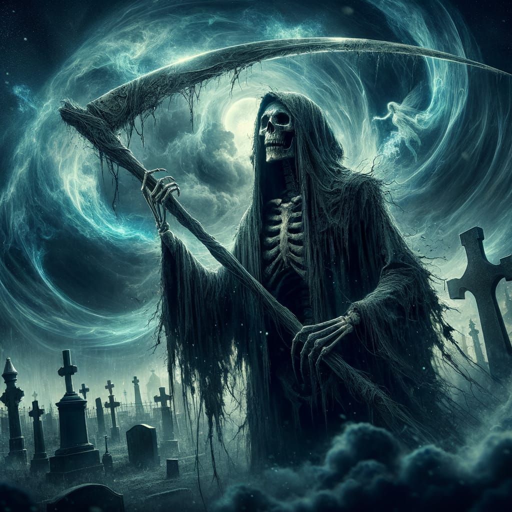 Ethereal Reaper in a Graveyard Under Stormy Night