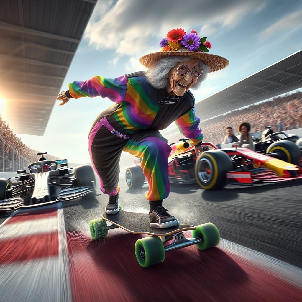 Elderly Woman Skateboarder at Formula One Race