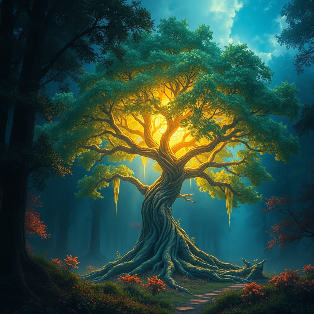 Surreal Golden Tree Stands Tall in Mystical Forest