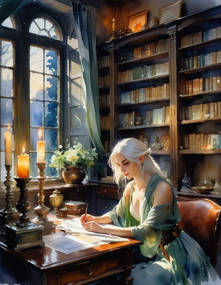 Elf Woman with Antiquities in Impressionist Watercolor Style