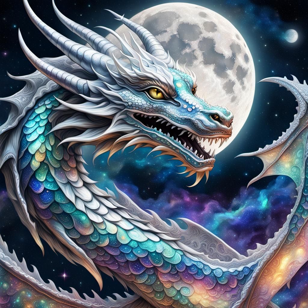 Silver Dragon Embraces Moon in Cosmic Illustration