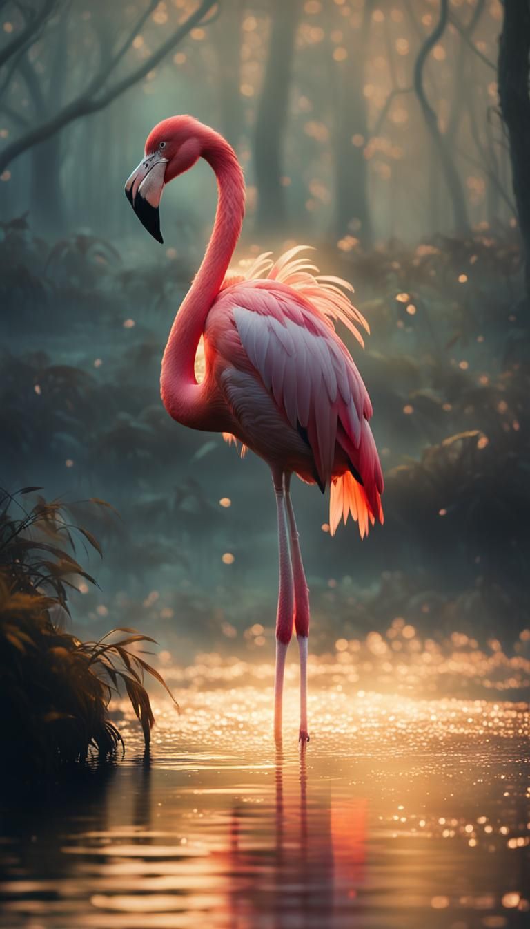 Flamingo in Misty Forest: Cinematic Film Still