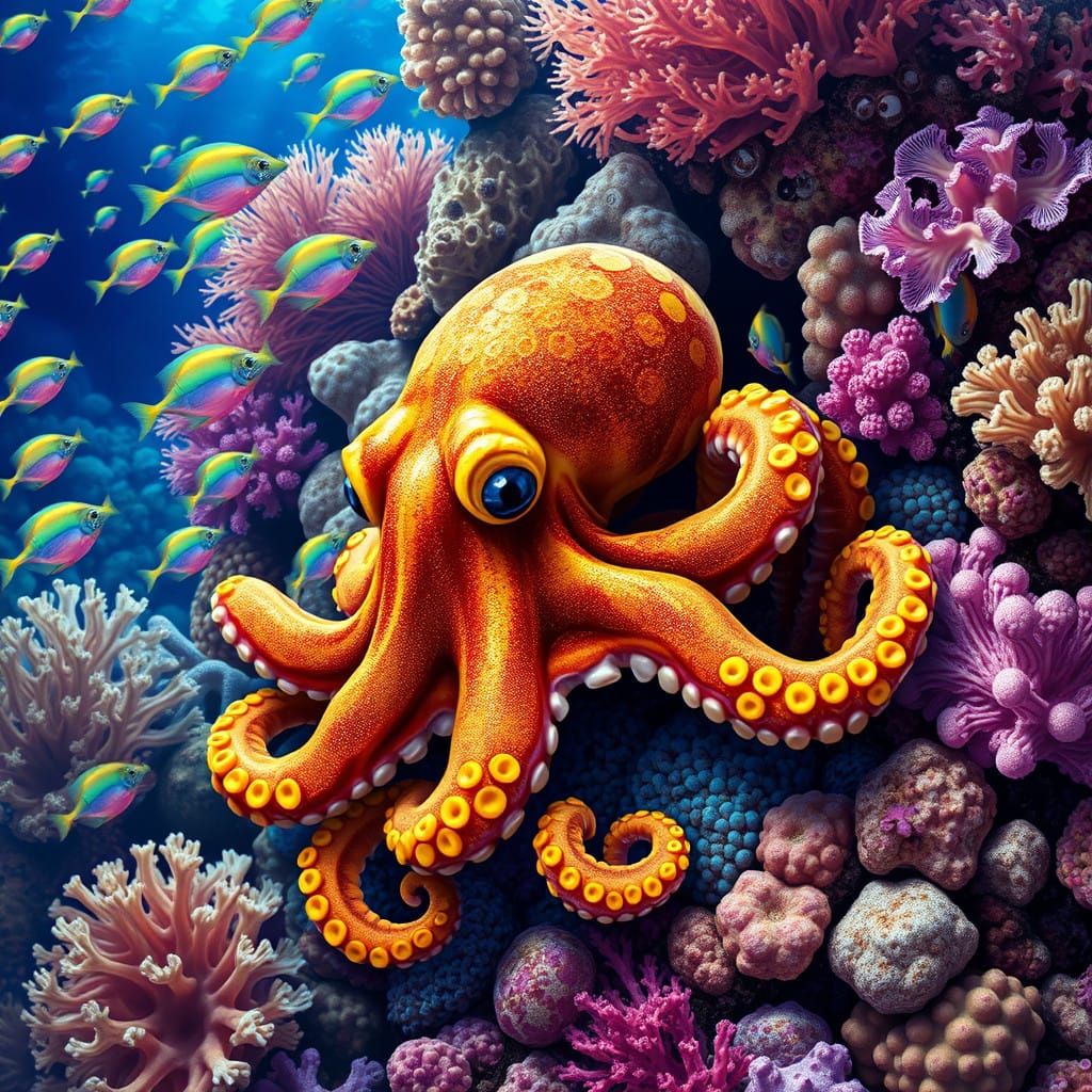 Vibrant Coral Reef Scene with Hyper Pygmy Octopus