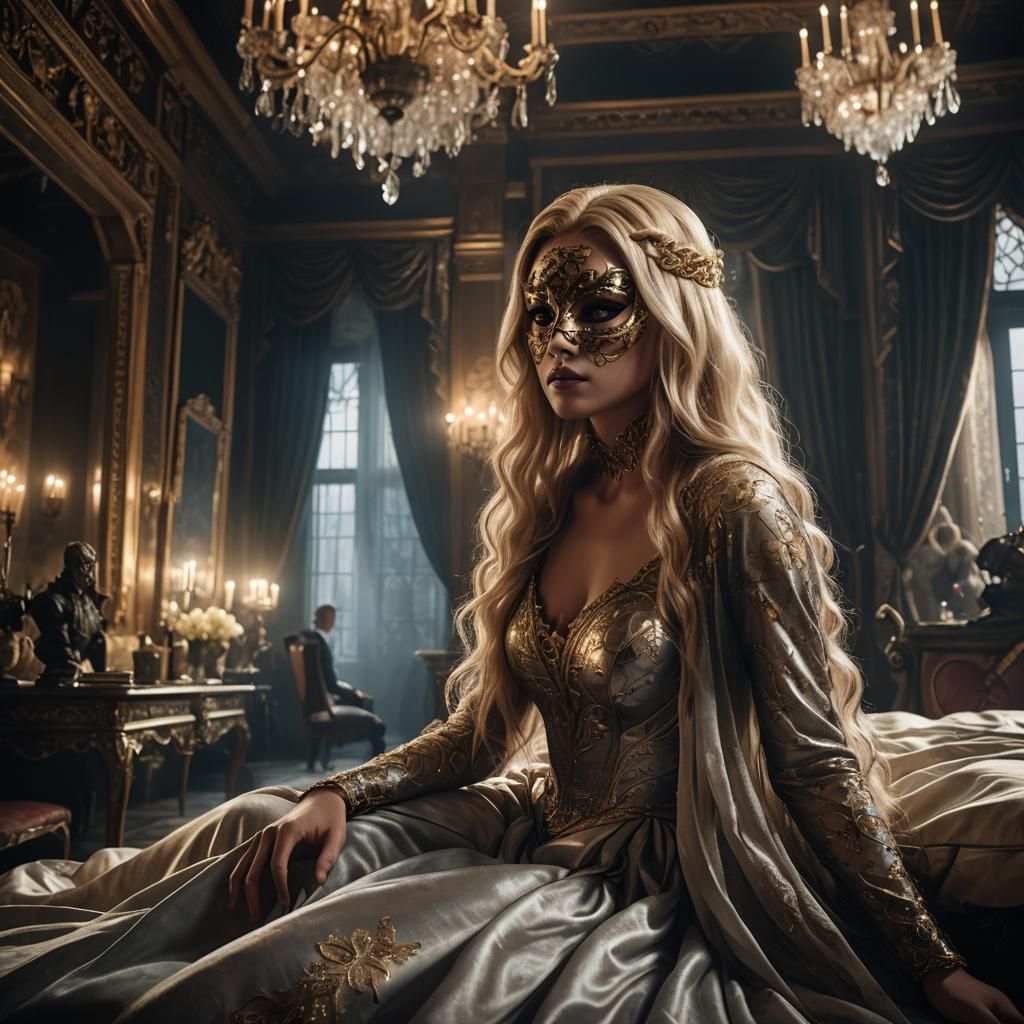 Masked Woman in Opulent Room with Cinematic Lighting