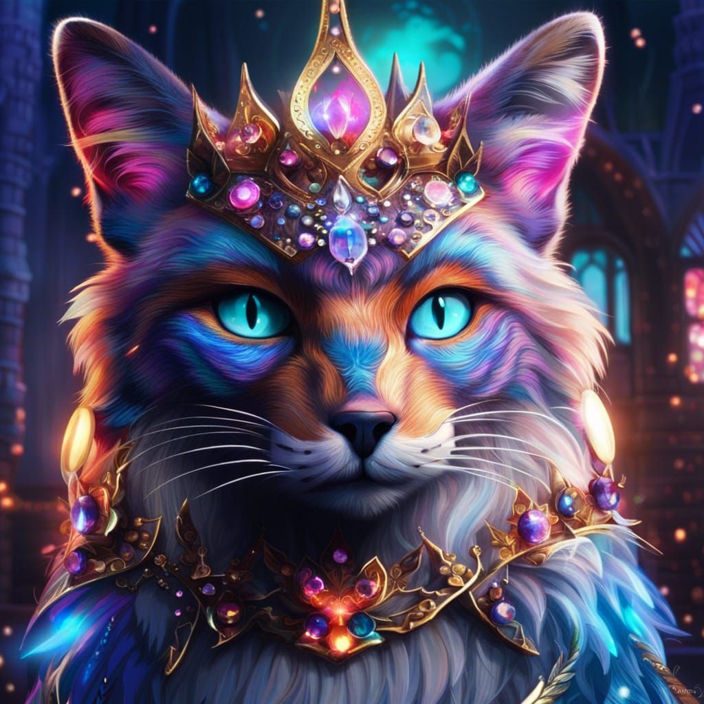 Crowned Cat with Enchanted Beauty in Neon Lights